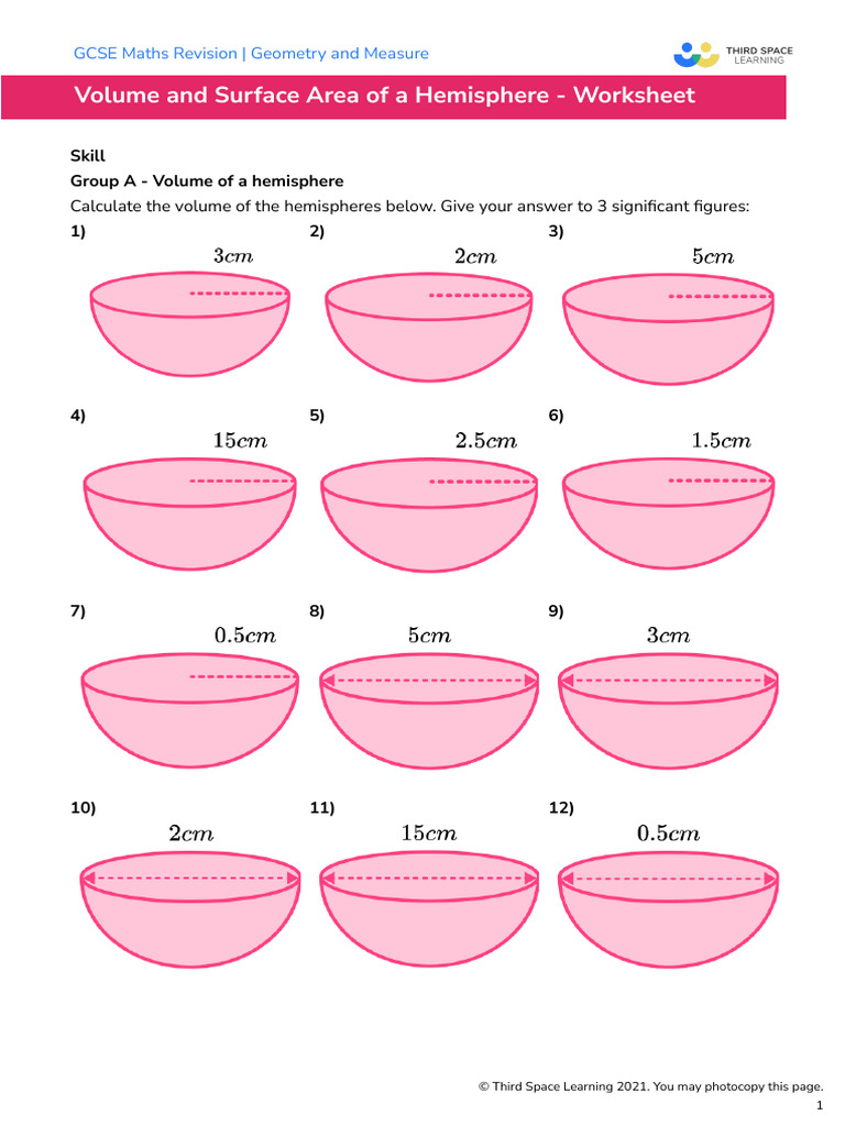 Third Space Learning Volume and Surface Area of a Hemisphere GCSE Worksheet Download Free PDF