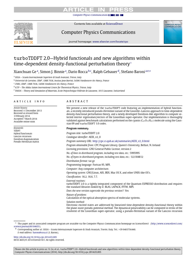 turboTDDFT 2.0: Hybrid Functionals Update | PDF | Matrix (Mathematics ...
