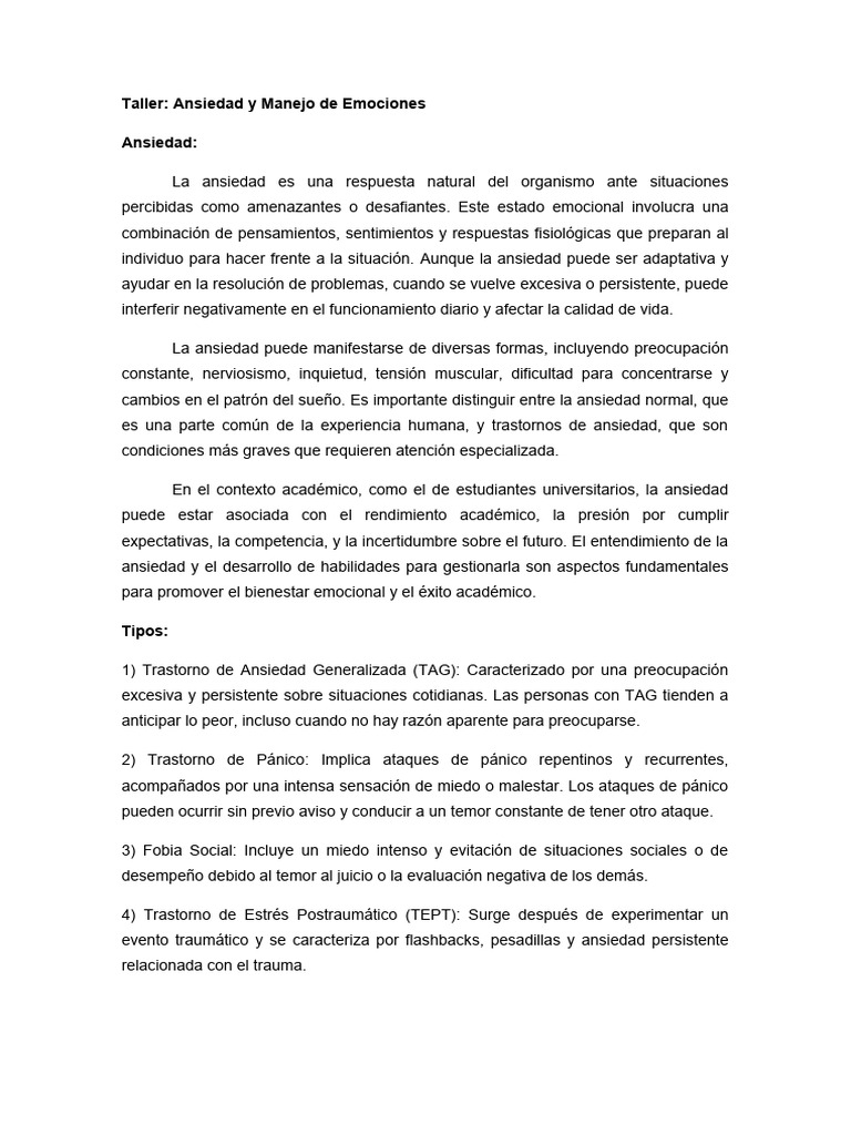 Contenido Taller de Ansiedad y Manejo de Emociones | PDF | Ansiedad ...