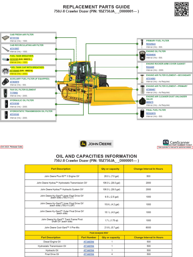 750J II Crawler Dozer PIN 1BZ750JA D000001 Replacement Parts Guide ...