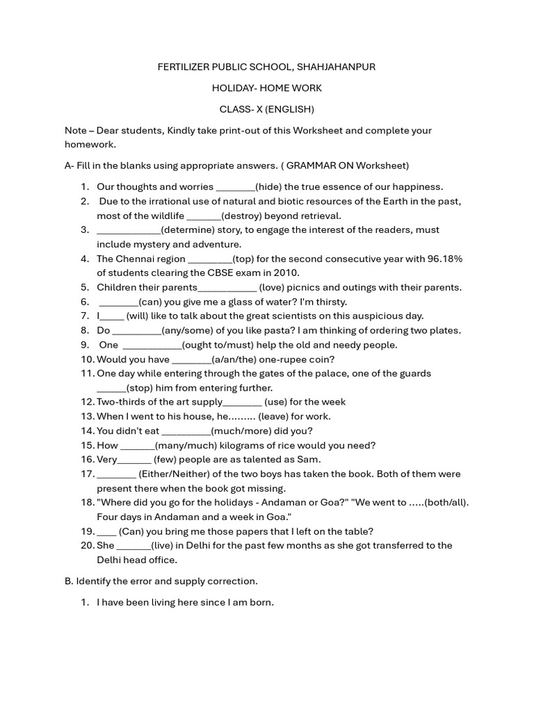 Class X English Holiday Homework Worksheet | PDF | Language Arts ...