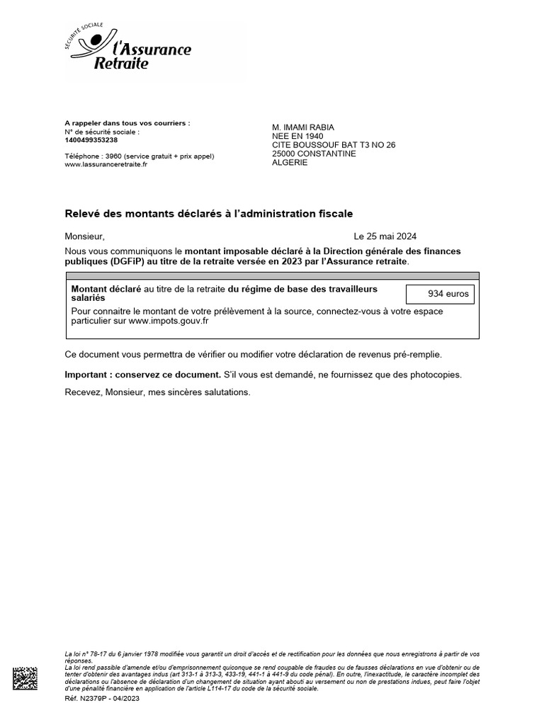Attestation fiscale retraite 2023 | PDF | Retraite