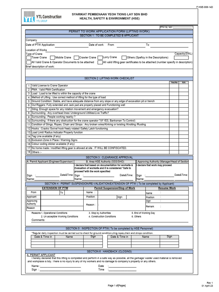 Lifting Work Permit Application Form | PDF | Crane (Machine)