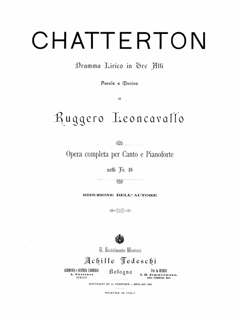 Opera - Leoncavallo - Chatterton - Vocal Score - Italian - Opera | PDF