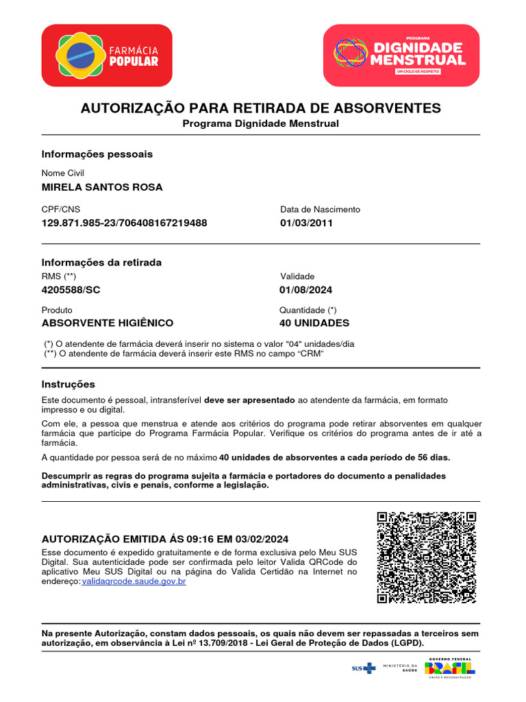 Autorização para Retirada de Absorventes | PDF