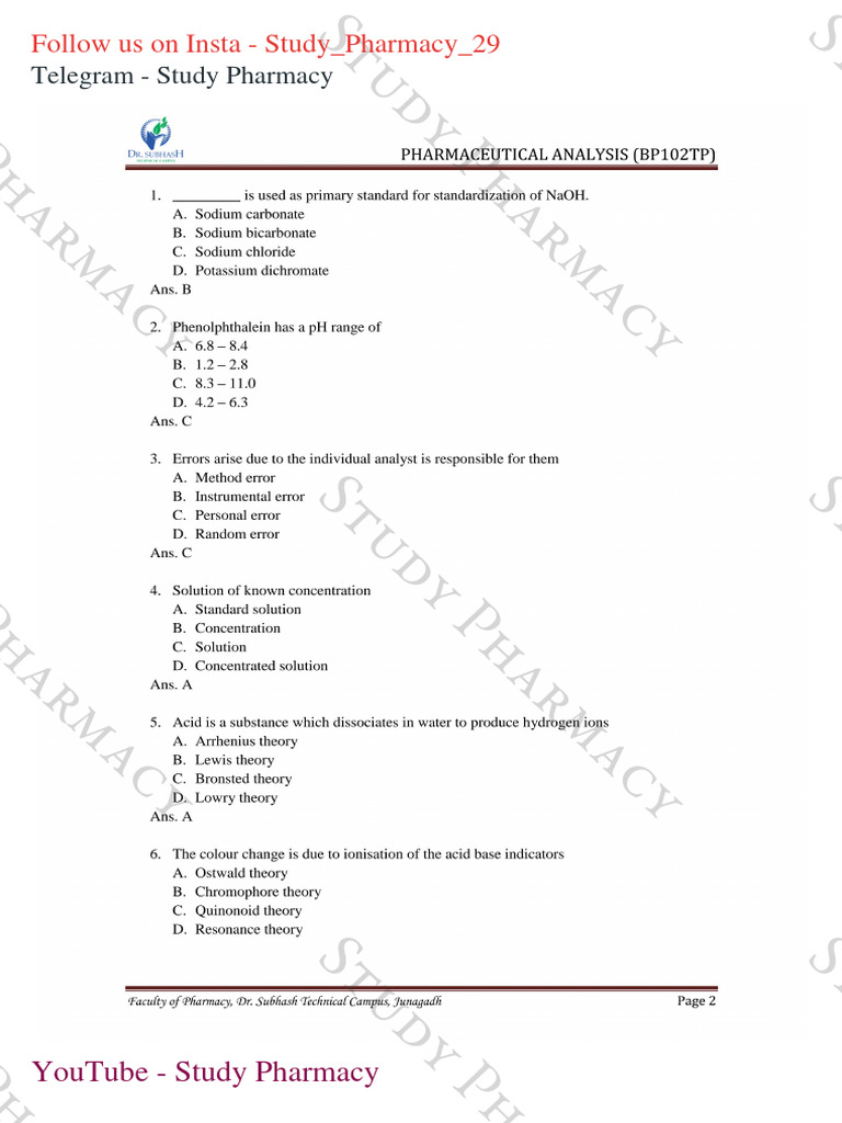 P'ceutical Analysis Mcqs Study Pharmacy | Download Free PDF | Acid | Ph