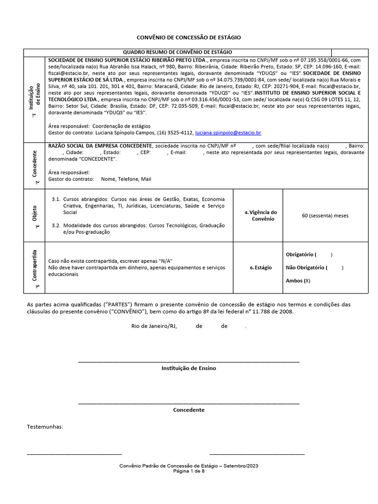 Convênio de Estágio - Estácio e Concedente | PDF | Estágio | Procura de ...
