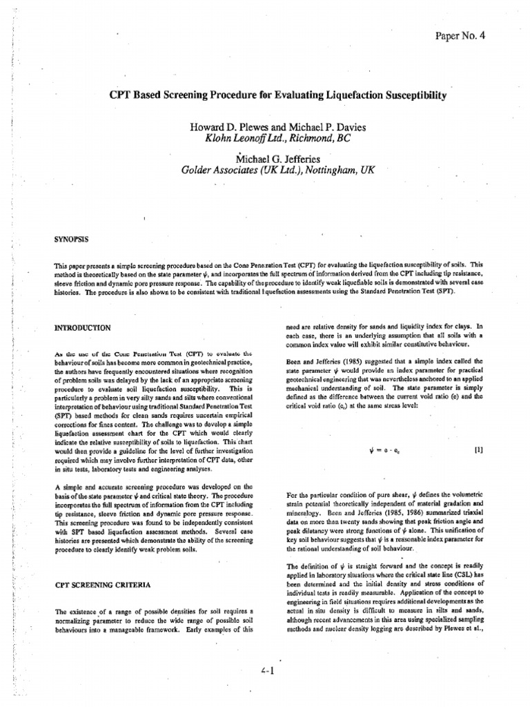 CPT Based Screening Procedure For Evaluating Liquefaction Susceptiblity ...