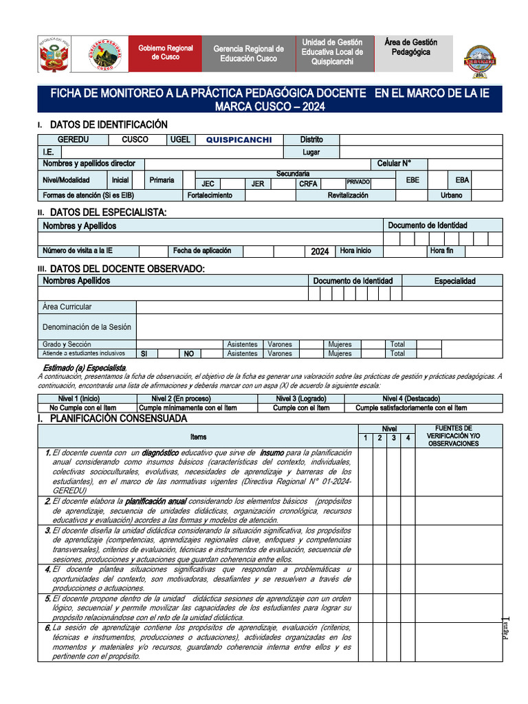 Ficha de Observación - Docentes-Iiee - 2024 | PDF | Evaluación ...
