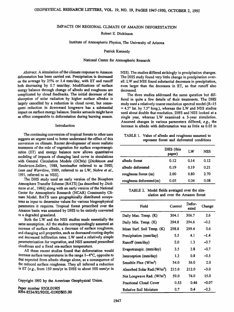 1992 Dickinson Pdf Deforestation Meteorology