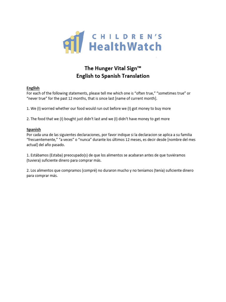 The Hunger Vital Sign English To Spanish Translation | PDF | Salud y ...