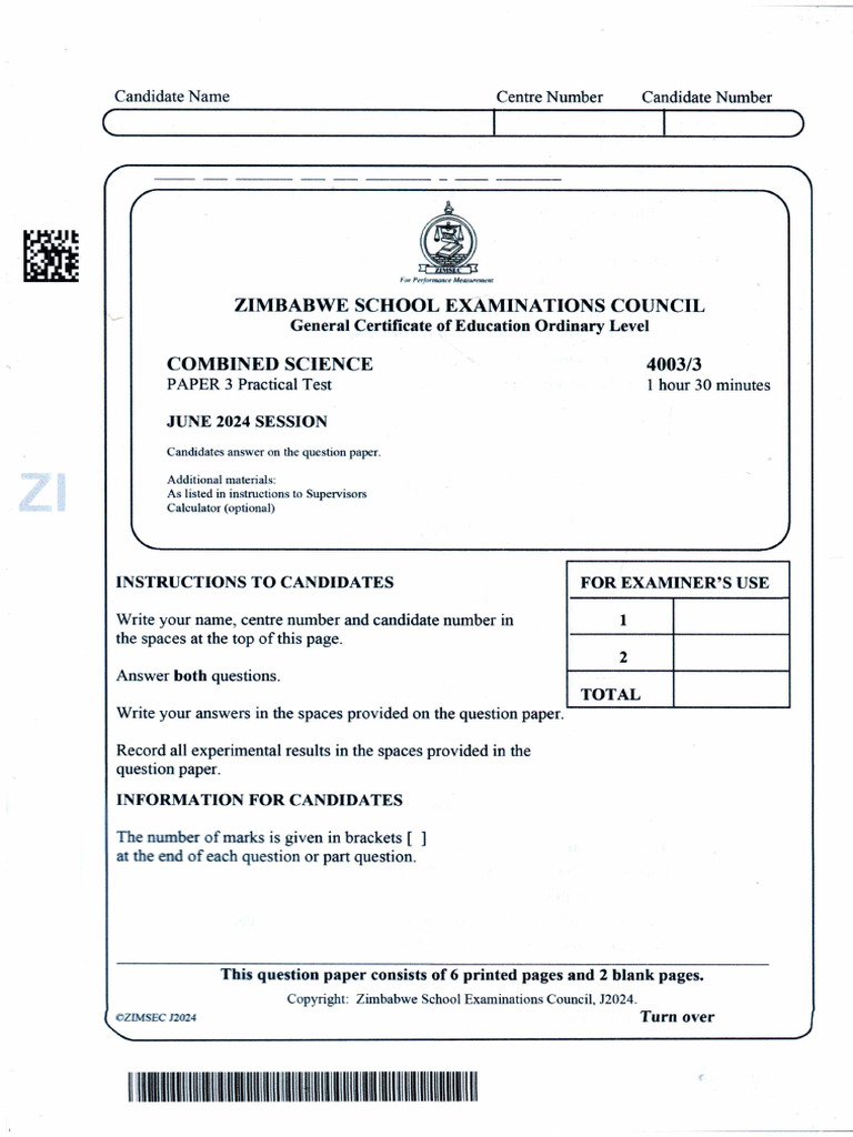 Combined Science Paper 3 June 2024 | PDF