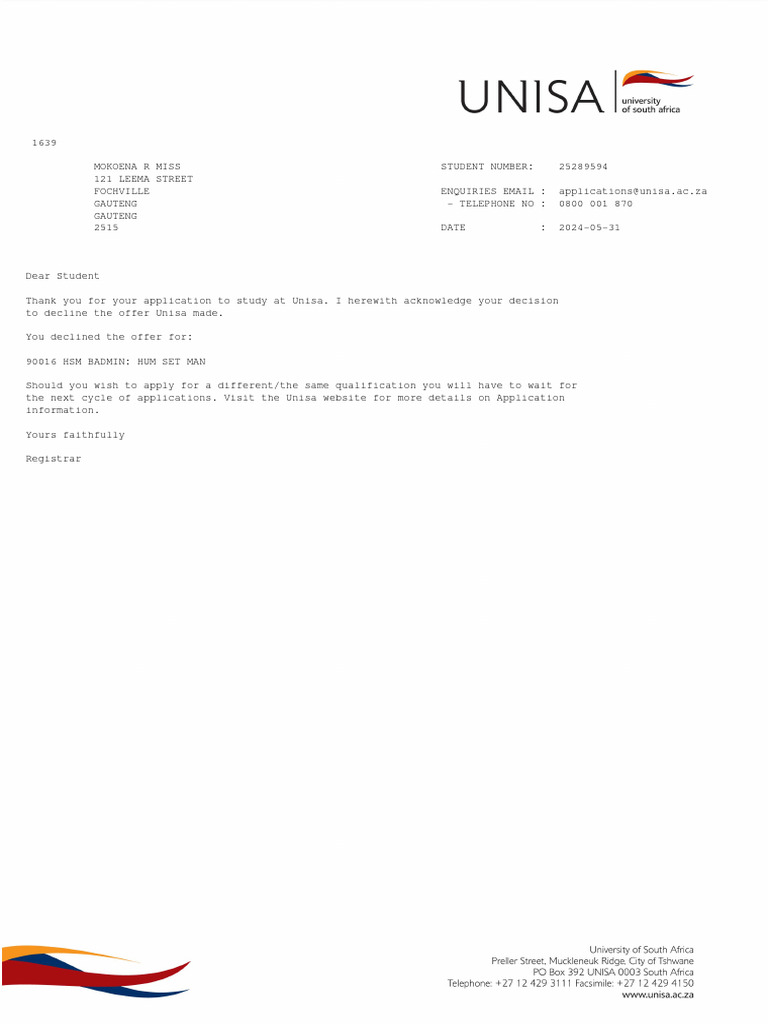 Unisa Application 25289594 | PDF