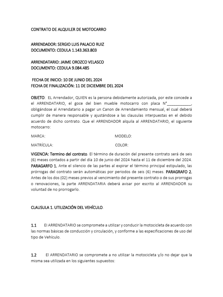 Contrato de Alquiler de Motocarro | PDF | Finanzas y dinero