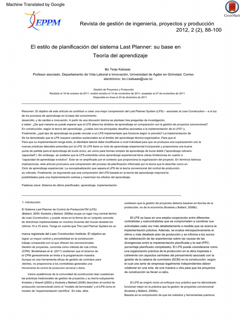 Last Planner System Kalsaas Pdf Aprendizaje Experiencia