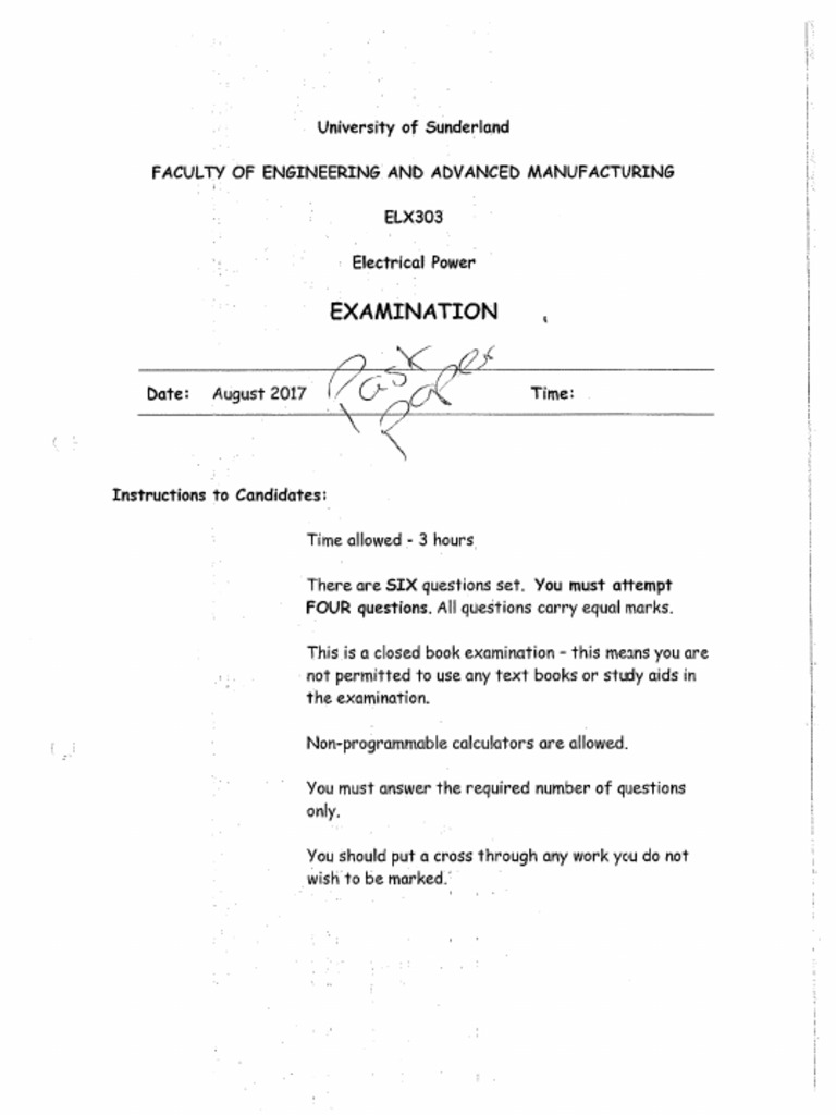 Elx303 Electrical Power Past Exam Paper August 2017 Pdf