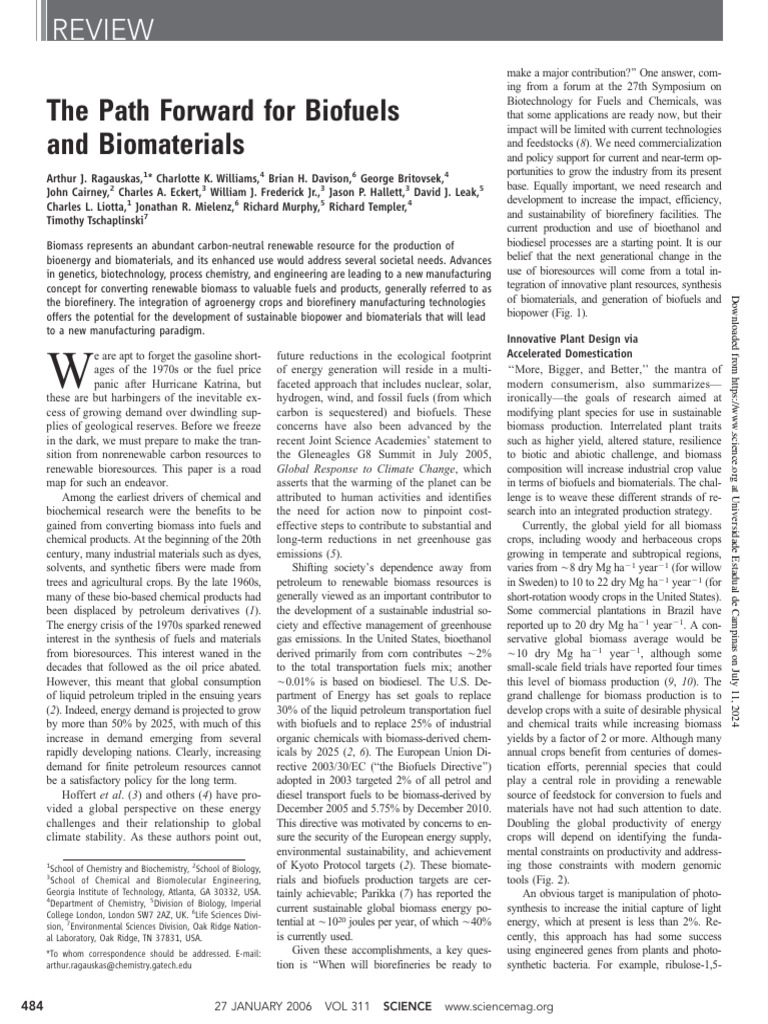 Ragauskas Science | PDF | Biofuel | Biorefinery
