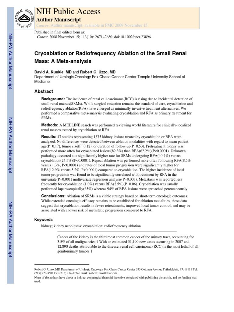 Cryoablation or Radiofrequency Ablation of The Small Renal Mass A Meta ...