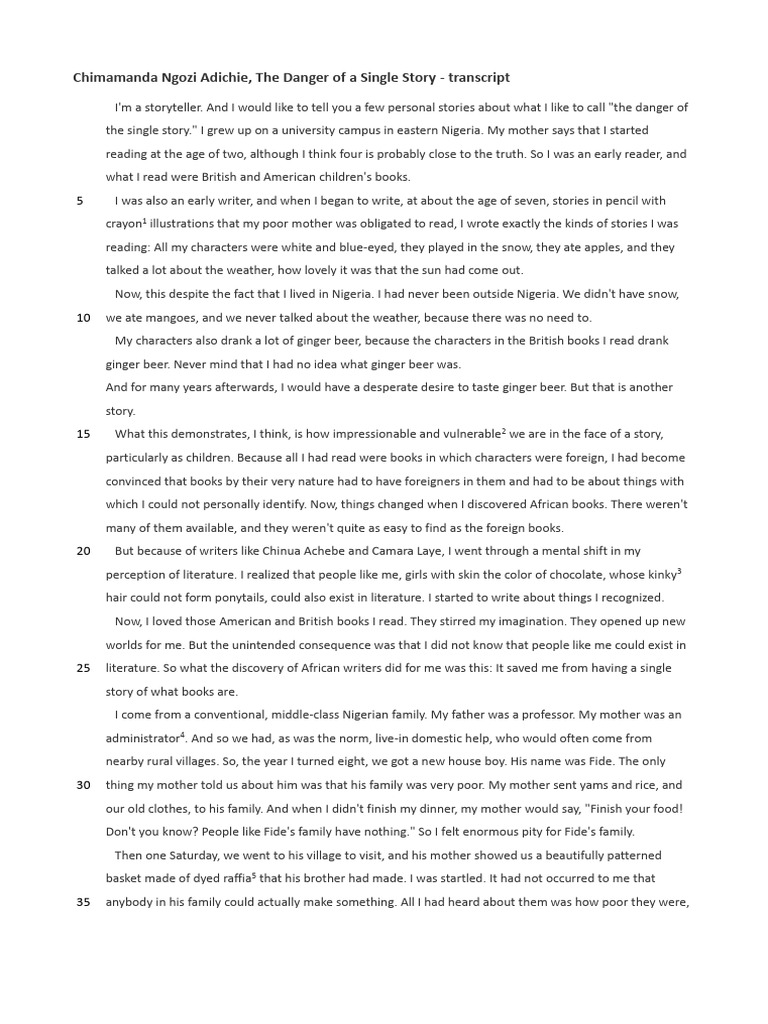 The Danger of a Single Story Transcript | PDF | Mystery, Thriller ...