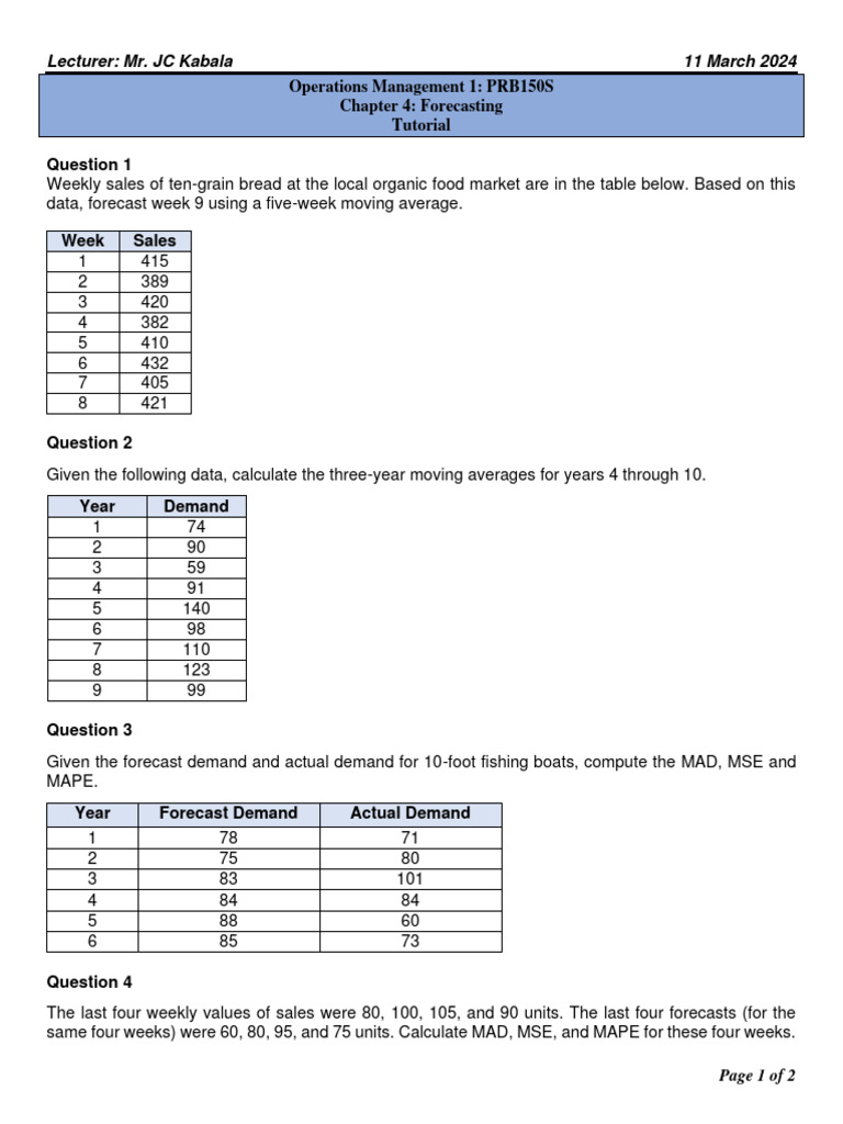Forecasting Techniques in Operations Management | PDF | Forecasting ...