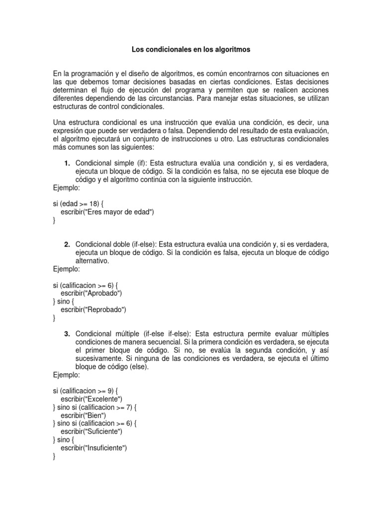 Los condicionales en los algoritmos | PDF | Algoritmos | Programación ...