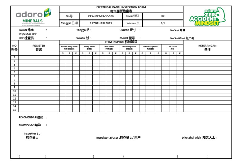 KPS-HSES-FR-SF-029 Form Inspeksi Electric Panel - 电气面板检查表 | PDF