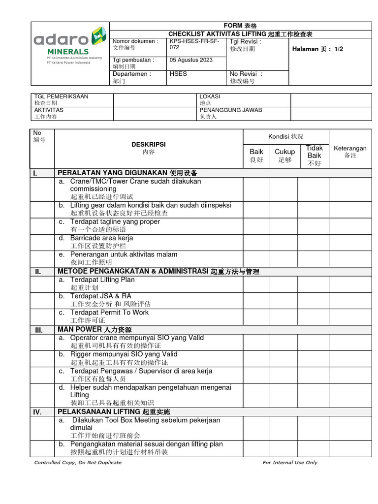 KPS-HSES-FR-SF-072 Form Checklist Aktivitas Lifting Menggunakan Crane ...