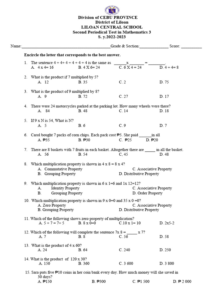 Grade 3 Math 2nd Periodical Test | PDF | Multiplication | Elementary ...