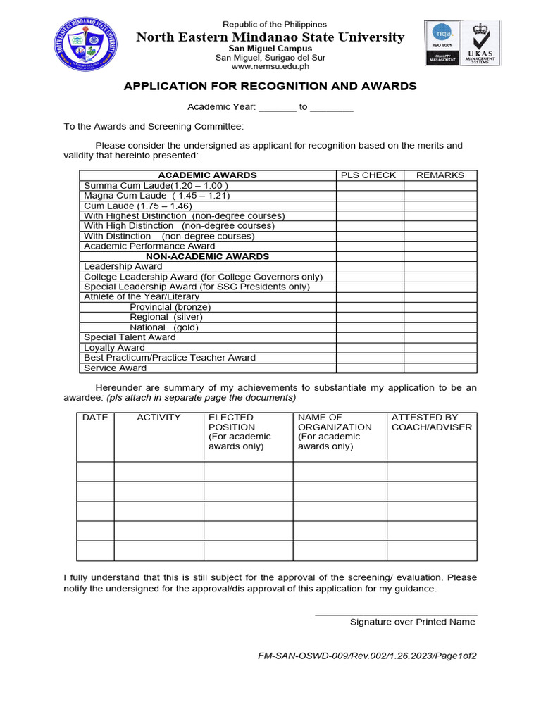 NEMSU San Miguel Awards Application | PDF | Titles | Educational Stages