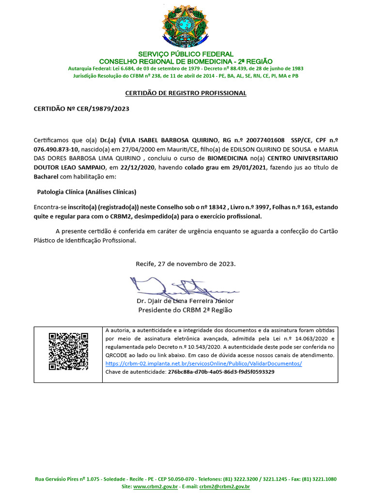 Certidão de Registro Profissional CRBM2 | PDF