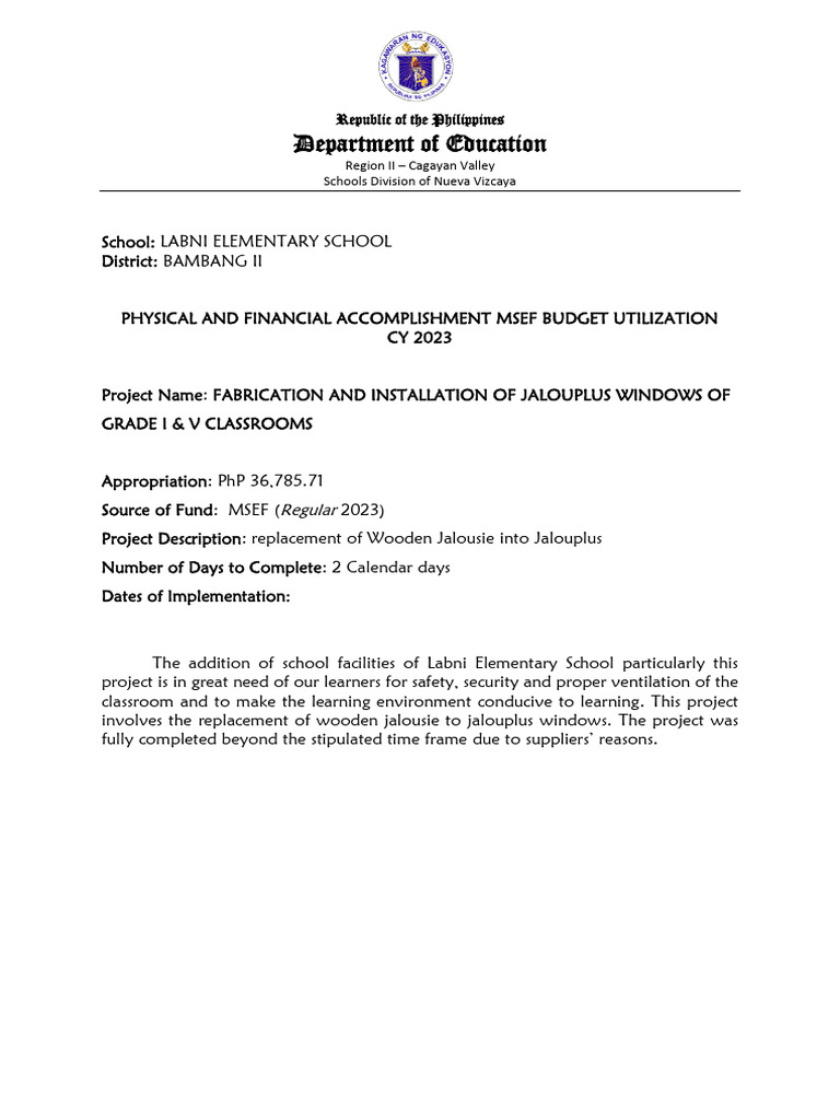 Labni Elementary School Window Installations | PDF | Learning ...