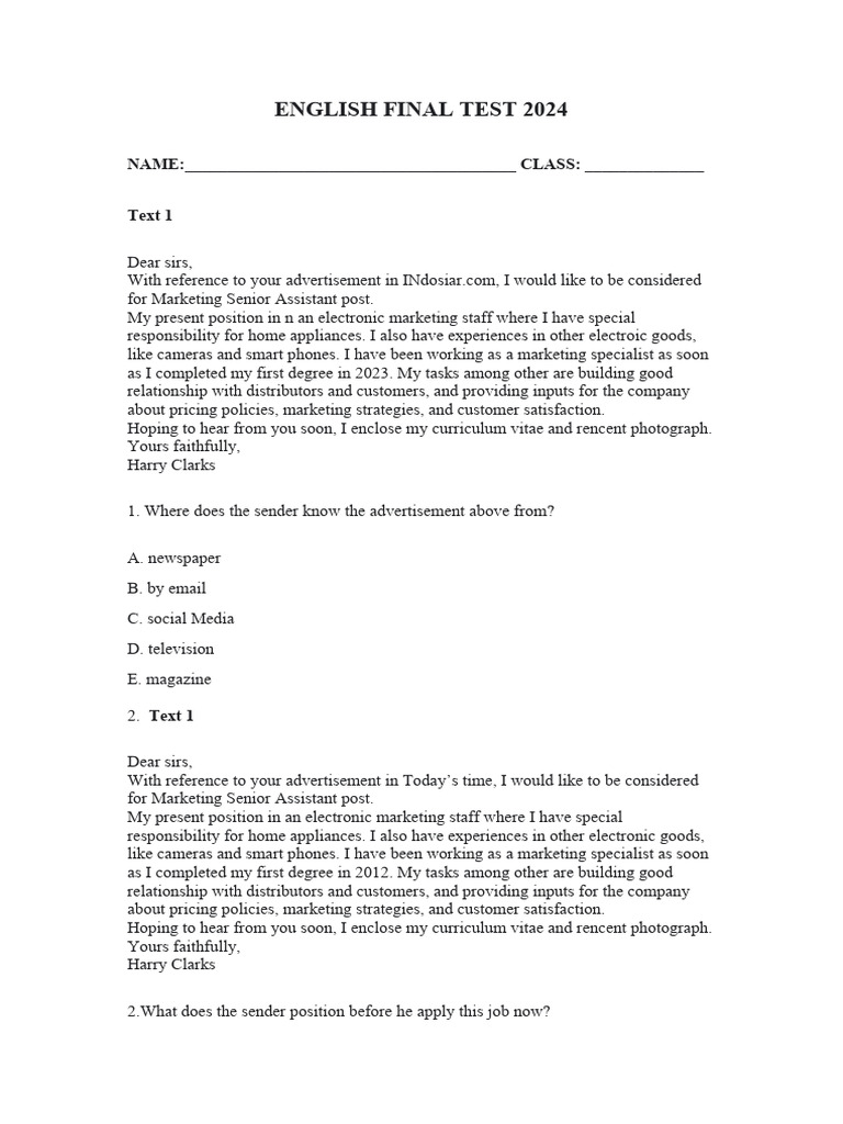 English Final Test 2024 Download Free Pdf Marketing