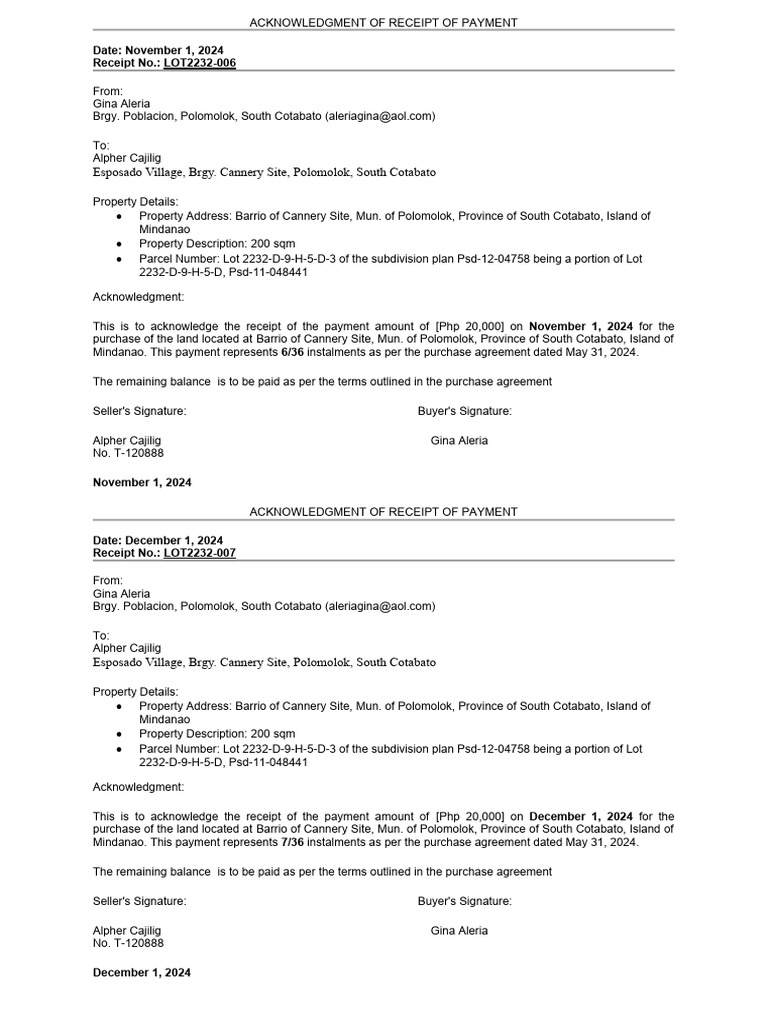 Acknowledgement Receipt of Land Payment | PDF | Law