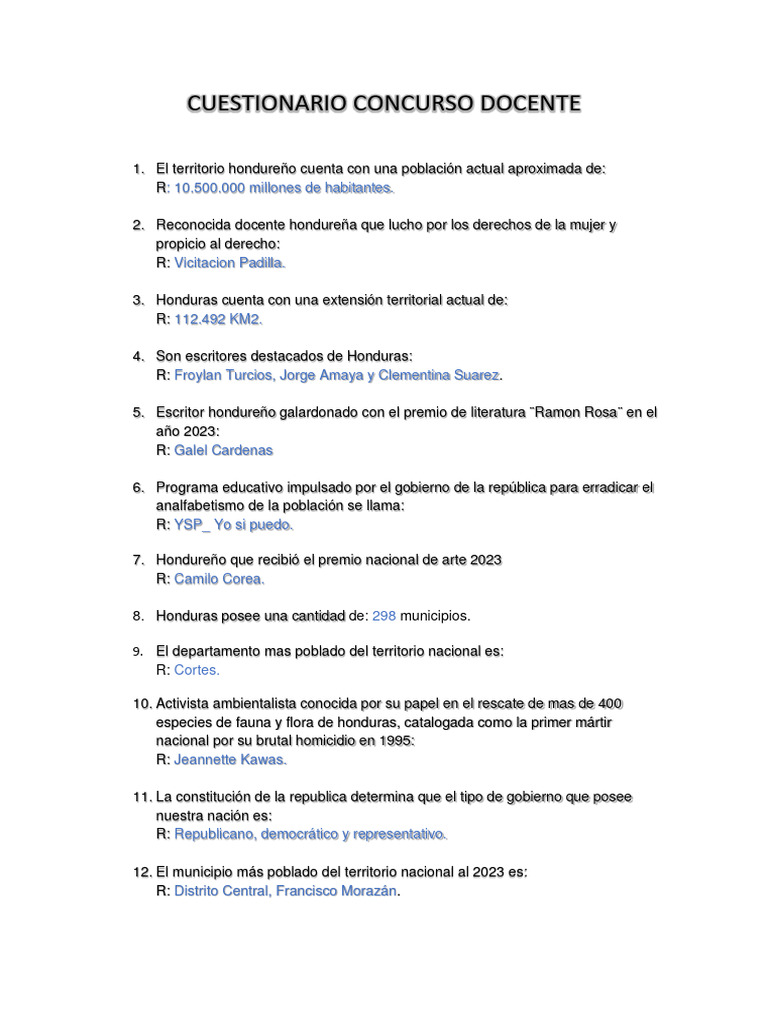 Cuestionario Concurso Docente 1 | PDF | Honduras | Maestros