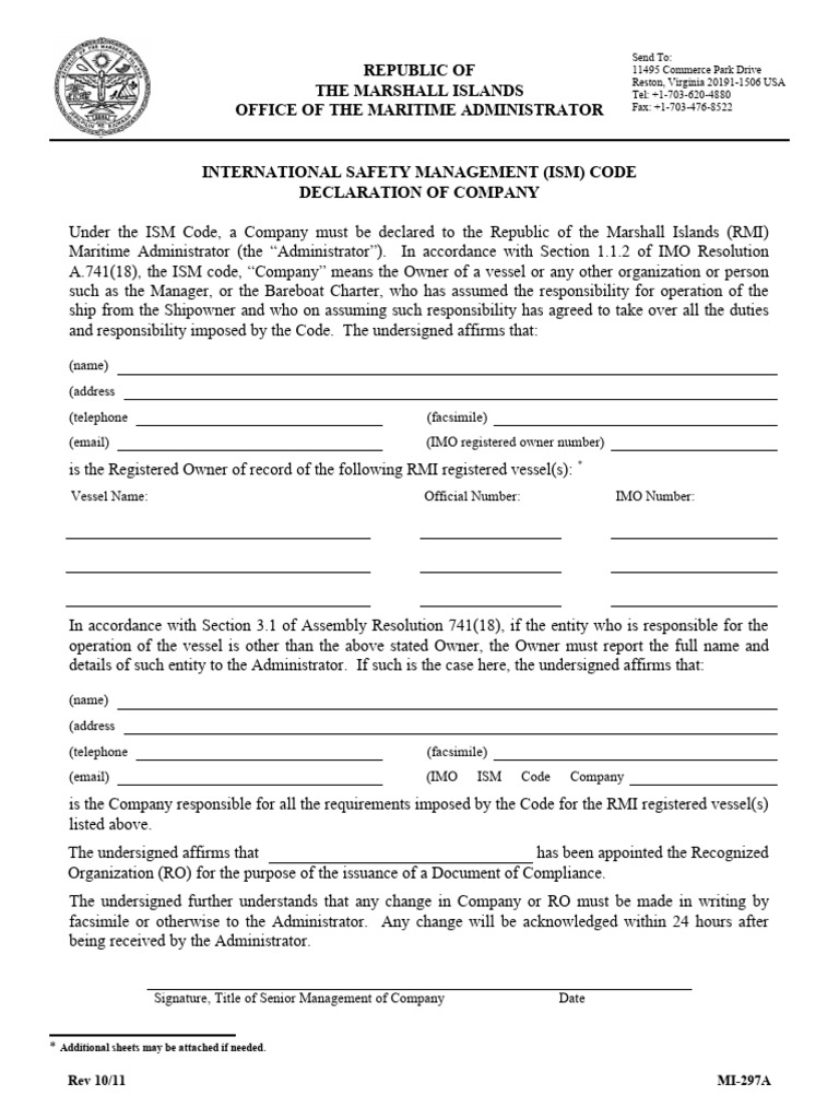 ISM Code Company Declaration Form | PDF | Fax | Water Transport