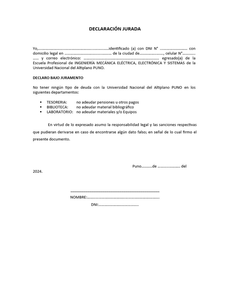 MODELO - DECLARACION JURADA DE NO TENER ADEUDOS | PDF