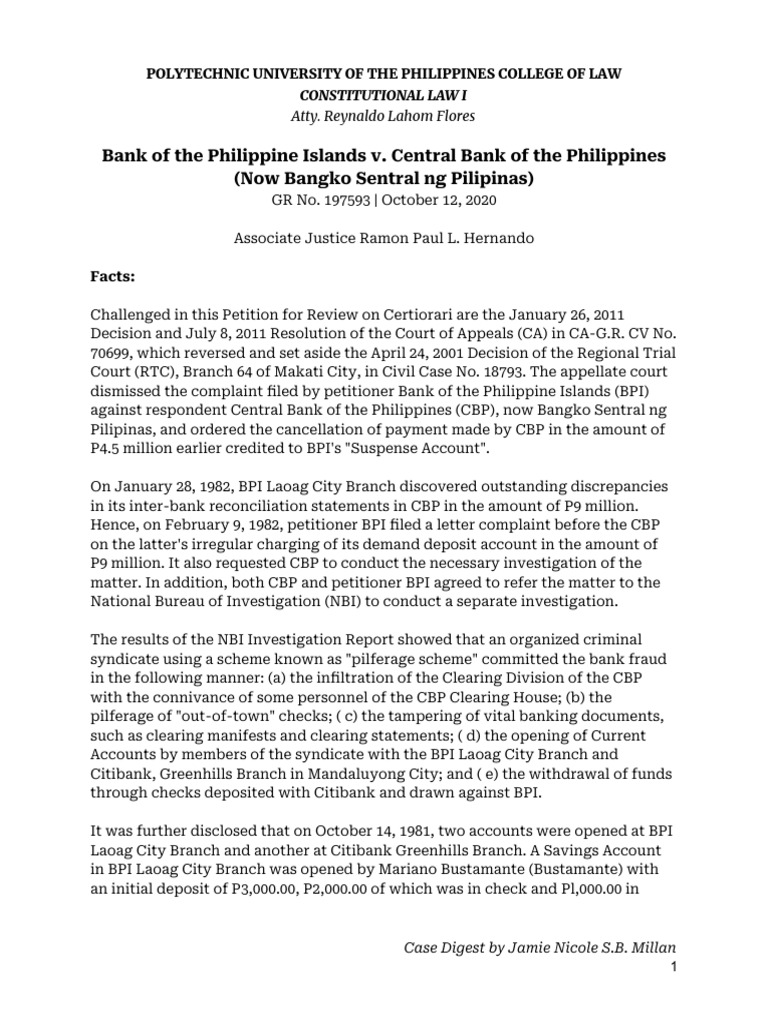 BPI vs. Central Bank: Fraud Case Summary | PDF | Complaint | Certiorari