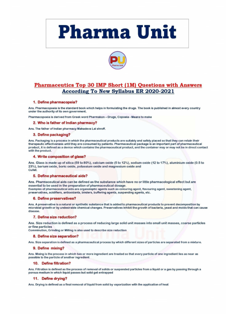 Pharmaceutics 1 Mark Imp Question List | PDF