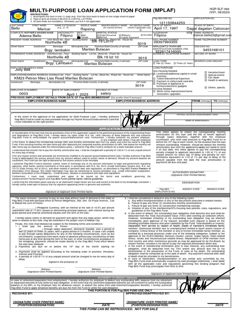 Multi-Purpose Loan Application Form | PDF | Loans | Interest