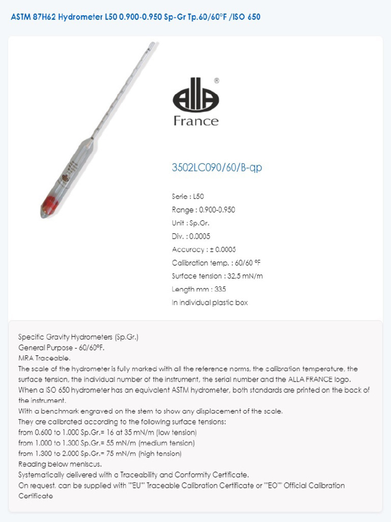 ASTM Hydrometer - ISO650 - 0.900-0.950 SPGR | PDF