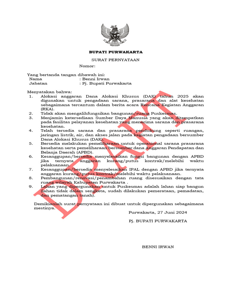 Draft - Surat Pernyataan Bupati | PDF