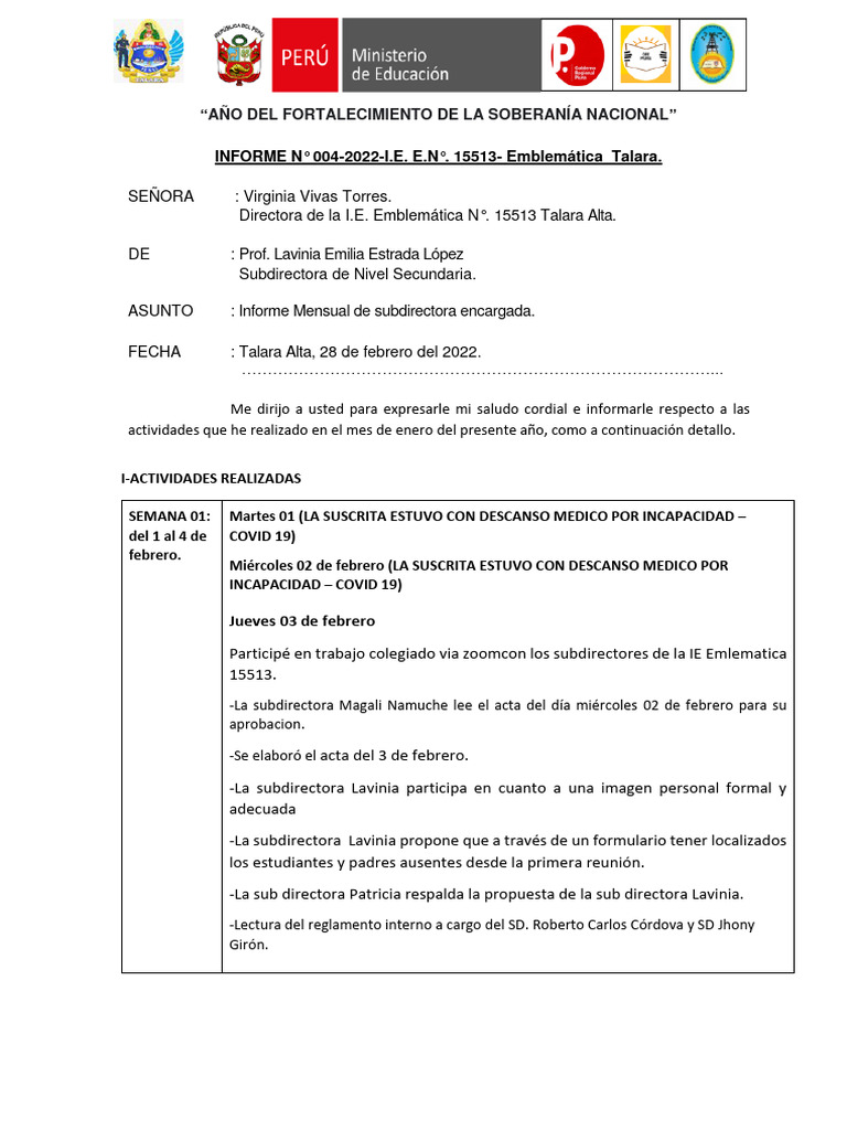 Informe Mensual I.E. Emblemática 15513 | PDF | Enseñando