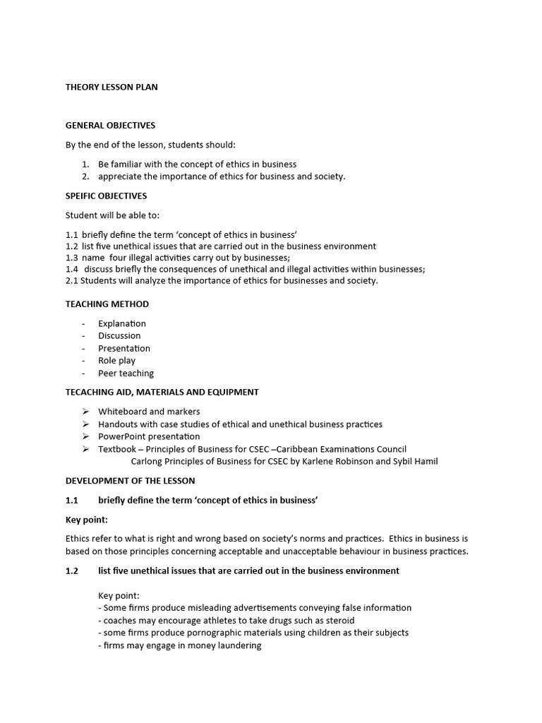 Theory lesson plan businesss ethics pdf evaluation business ethics