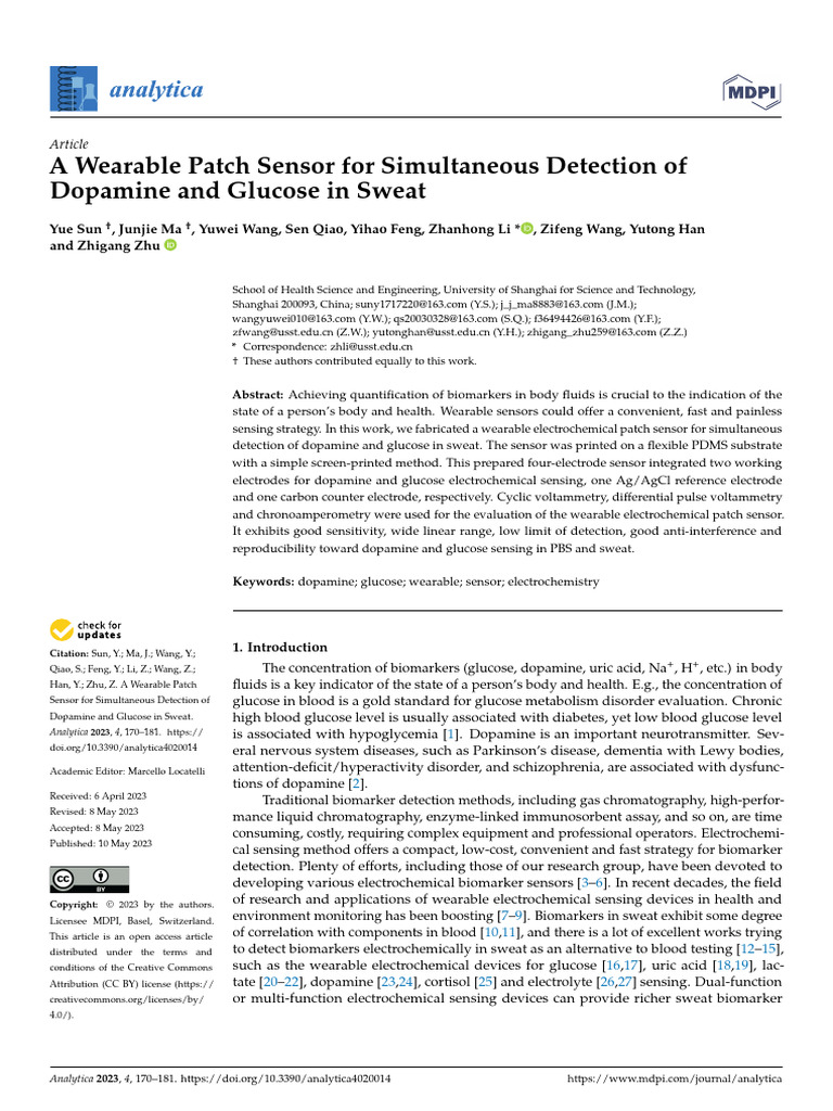 A Wearable Patch Sensor For Simultaneous Detection of Dopamine and ...