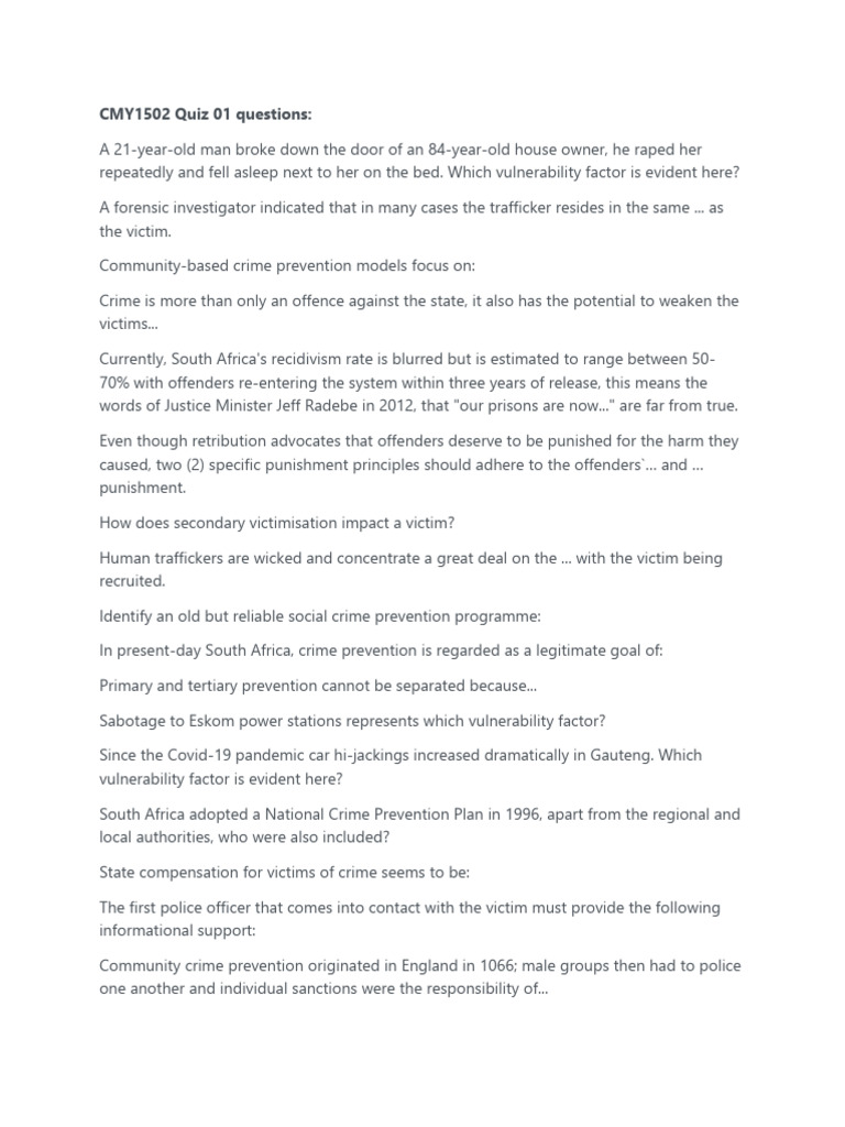 CMY1502 Crime and Victimology Quiz Questions | PDF | Crime & Violence ...