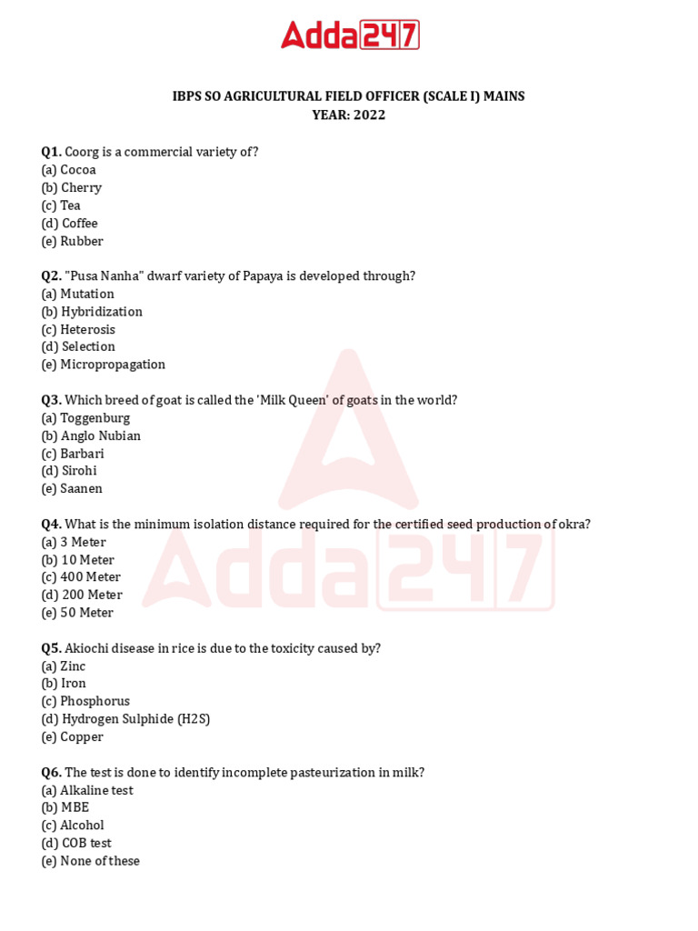 IBPS SO Agriculture Field Officer AFO Mains 2022 Memory Based | PDF ...
