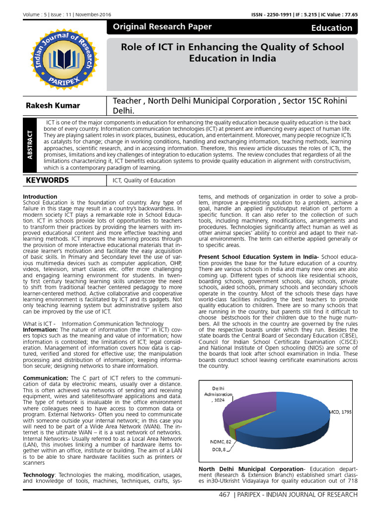 Role Of Ict In Enhancing The Quality Of School Education In India
