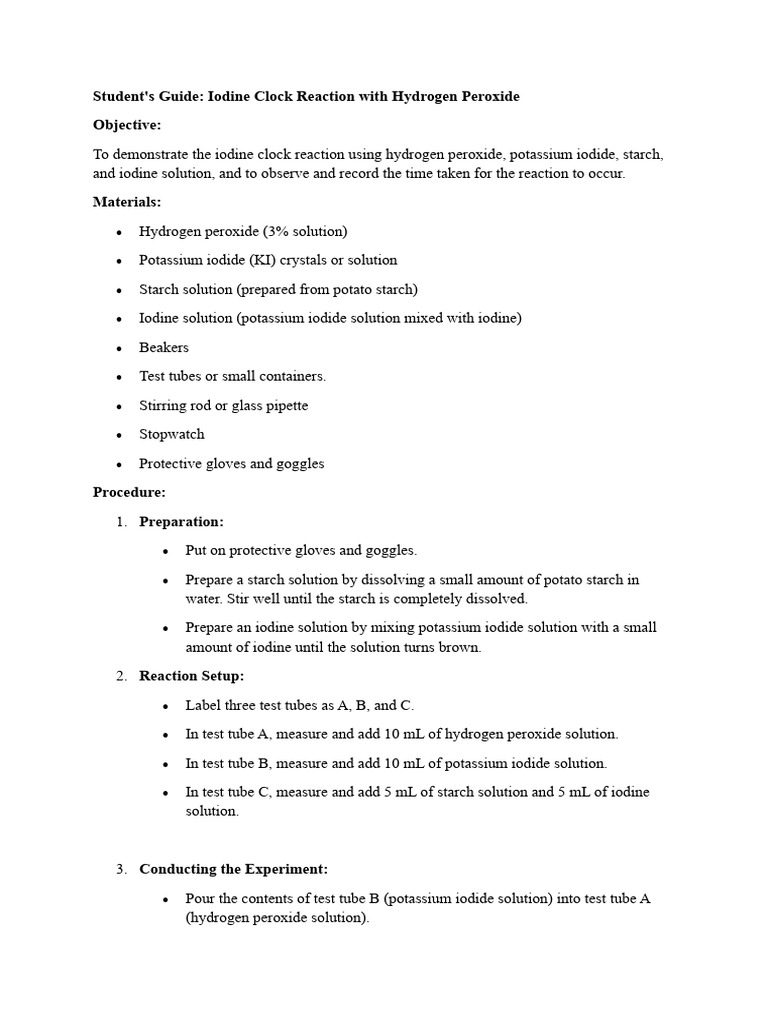 Iodine Clock Reaction with H2O2 Guide | PDF | Iodine | Hydrogen Peroxide