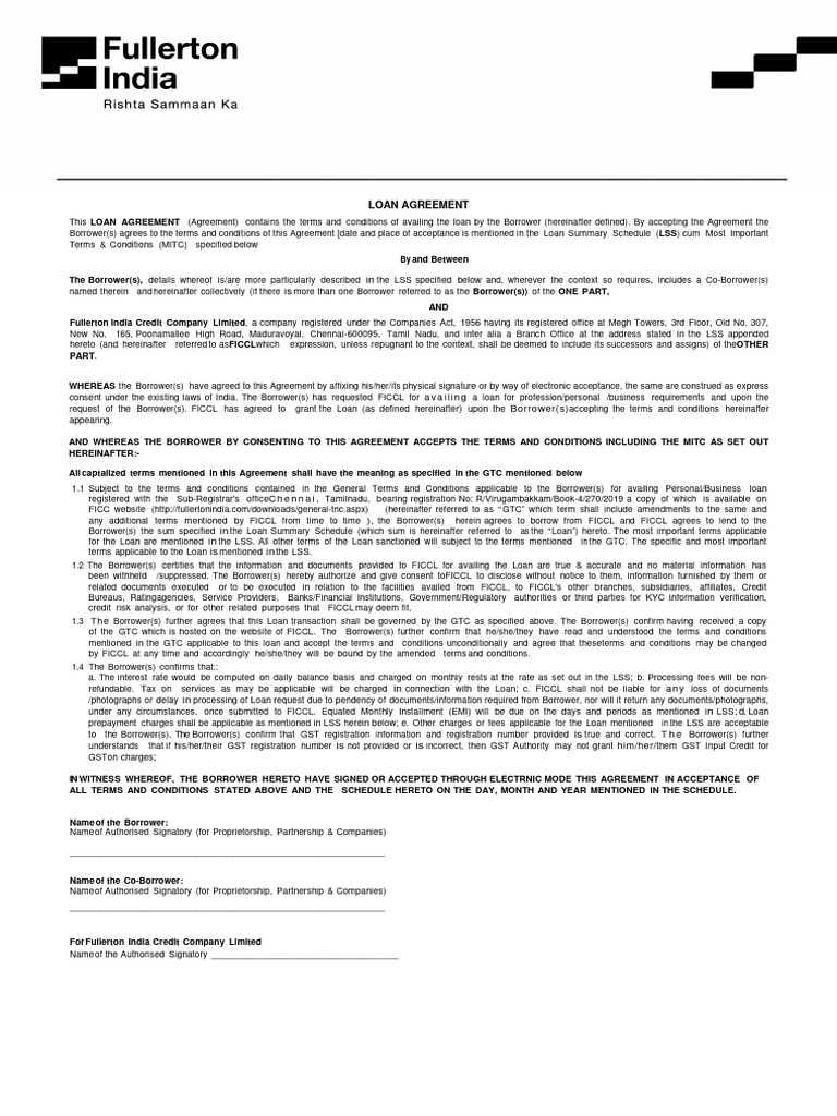 Loan Agreement with Fullerton India | PDF | Interest | Loans