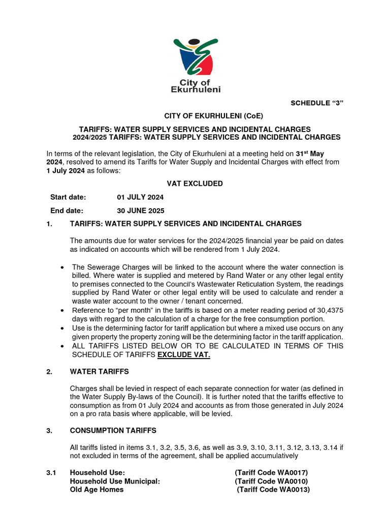 Schedule 3 Water Tariffs 2025 2025 PDF Water Supply Tariff